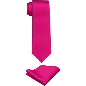 Men's Hot Pink Solid Color Imported Formal Neck Ties And Pocket Square Sets